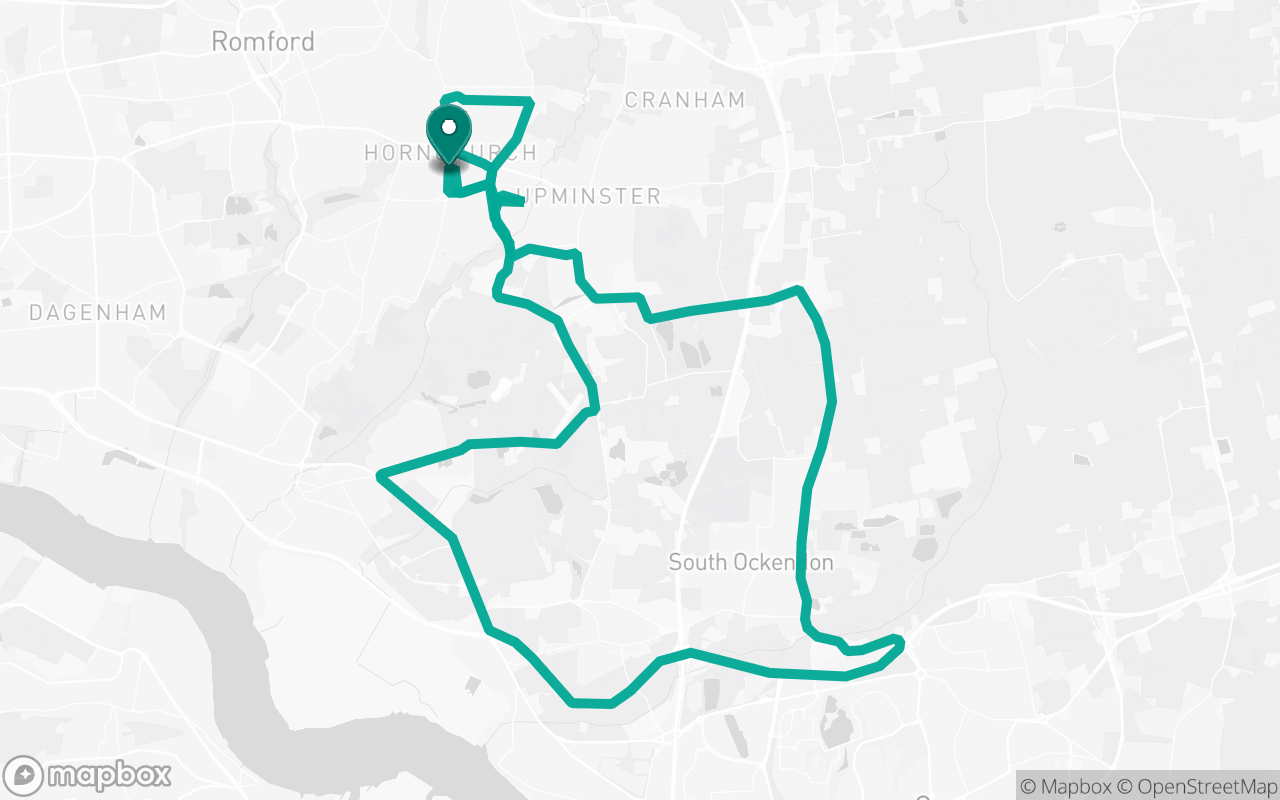 Map of the Hornchurch · Route 2 practice route near Hornchurch test centre, drawn on real streets