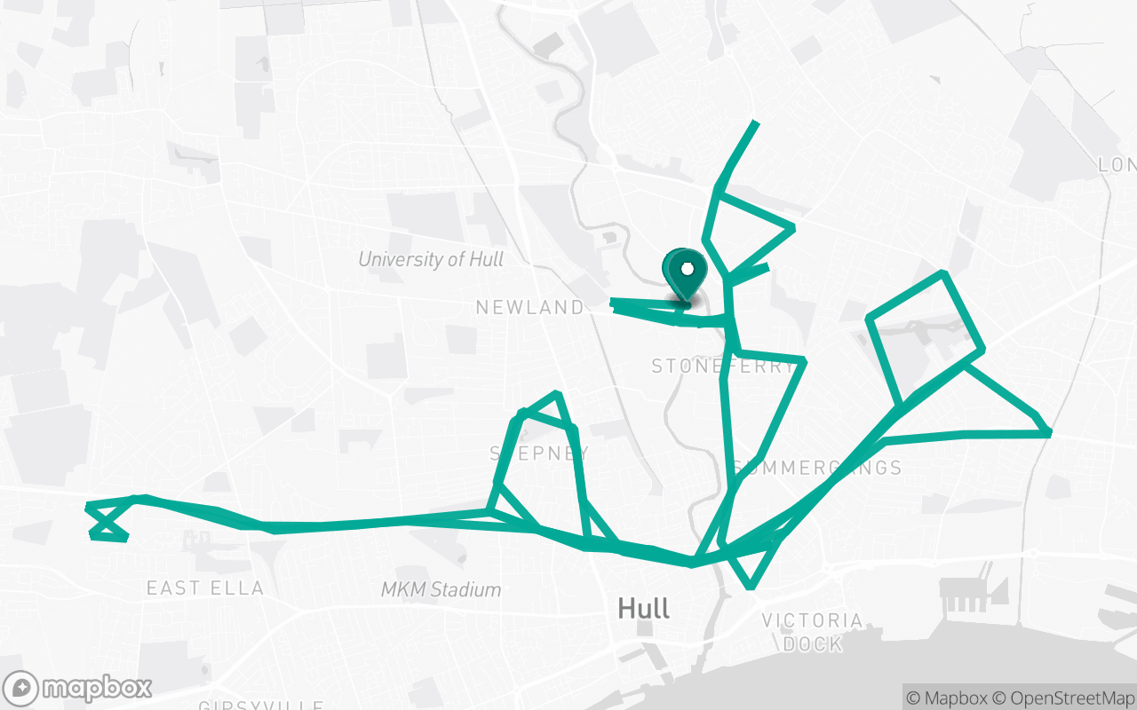 Map of the Hull · Route 21 practice route near Hull test centre, drawn on real streets