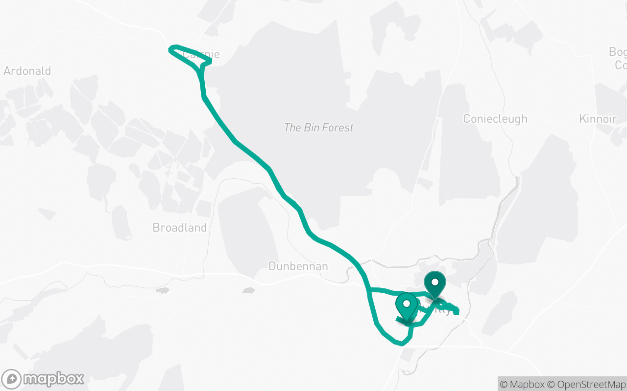 Map of the Huntly · Route 2 practice route near Huntly test centre, drawn on real streets