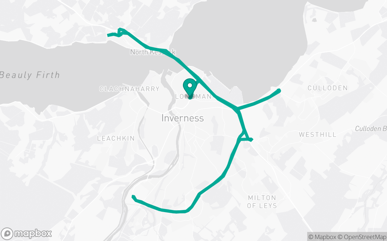 Map of the Inverness · Roundabout practice loop practice route near Inverness test centre, drawn on real streets