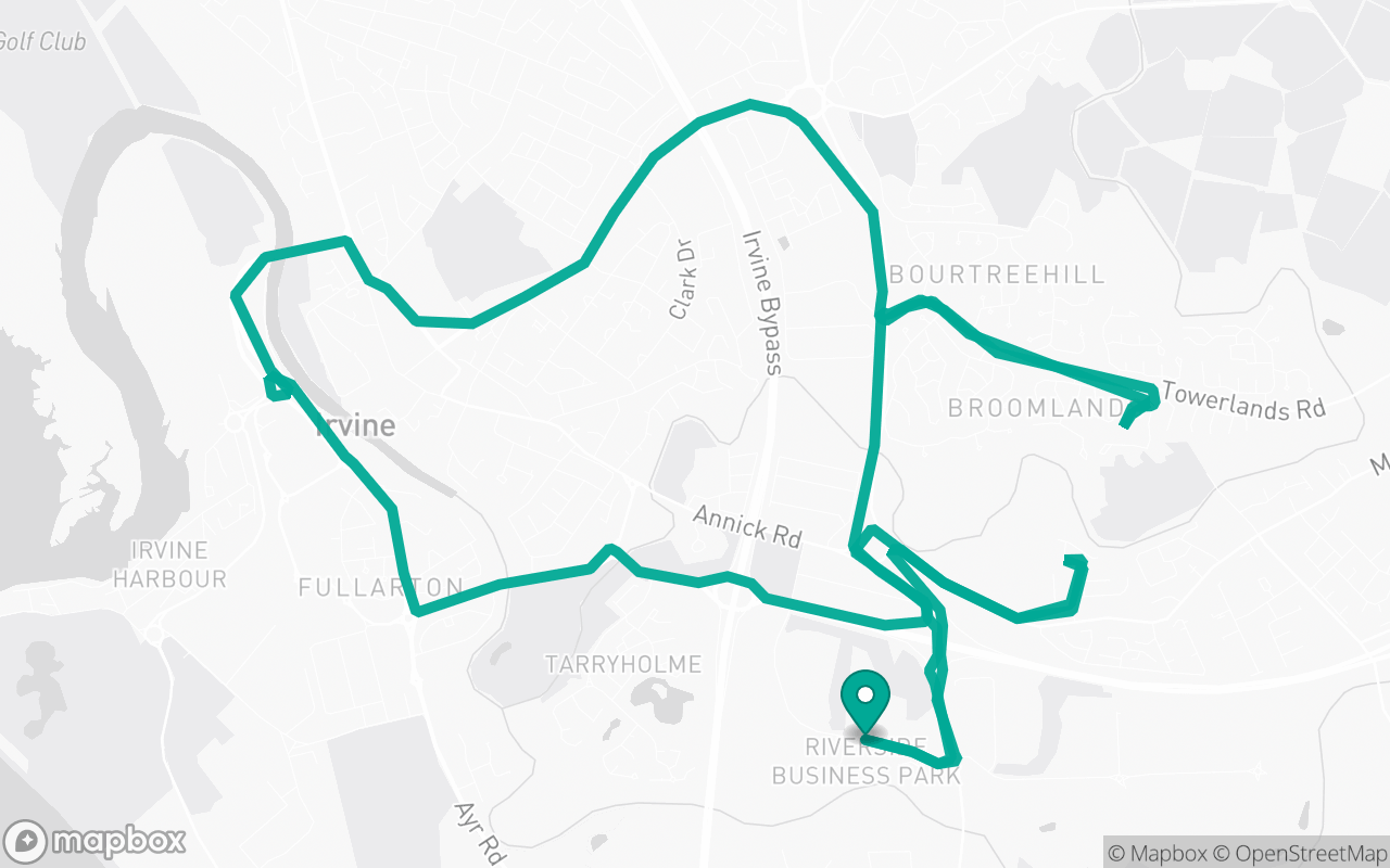 Map of the Irvine · Residential + A-road practice loop practice route near Irvine test centre, drawn on real streets