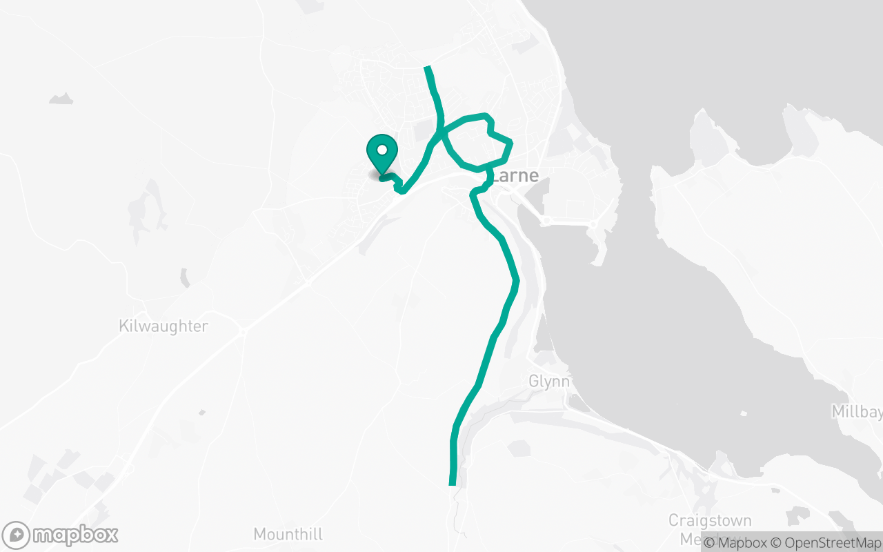 Map of the Larne · Residential + A-road practice loop practice route near Larne test centre, drawn on real streets