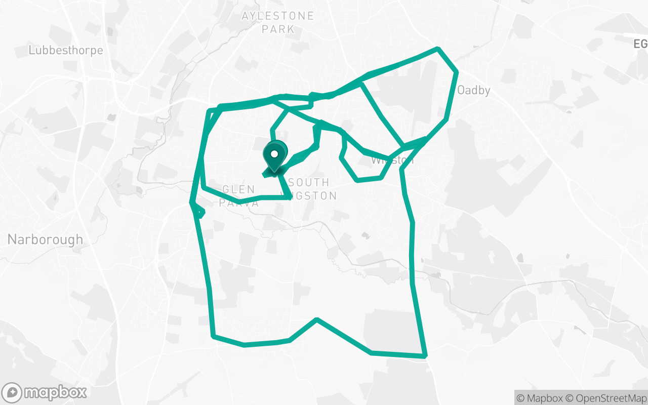 Map of the Leicester · Route 9 practice route near Leicester test centre, drawn on real streets