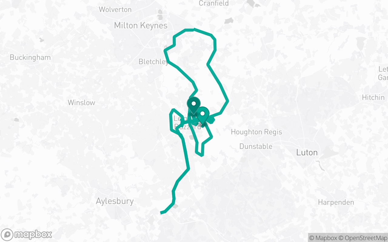 Map of the Leighton Buzzard · Route 3 practice route near Leighton Buzzard test centre, drawn on real streets