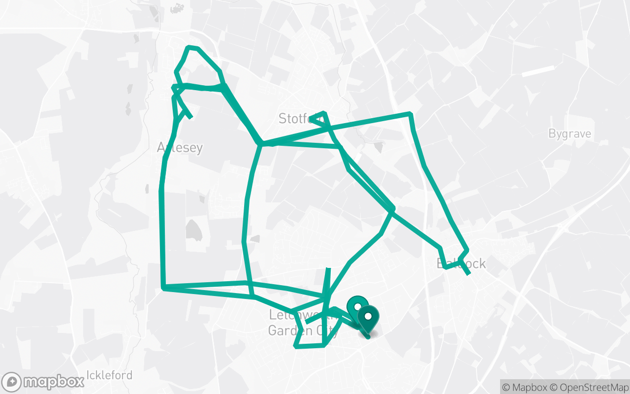 Map of the Letchworth · Route 18 practice route near Letchworth test centre, drawn on real streets