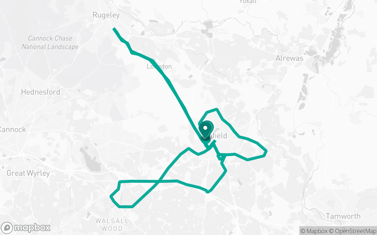 Map of the Lichfield · Route 15 practice route near Lichfield test centre, drawn on real streets