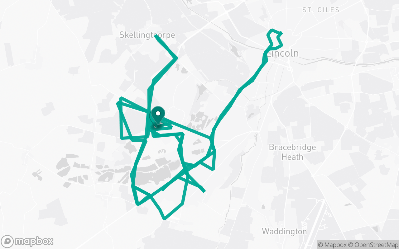 Map of the Lincoln · Route 9 practice route near Lincoln test centre, drawn on real streets