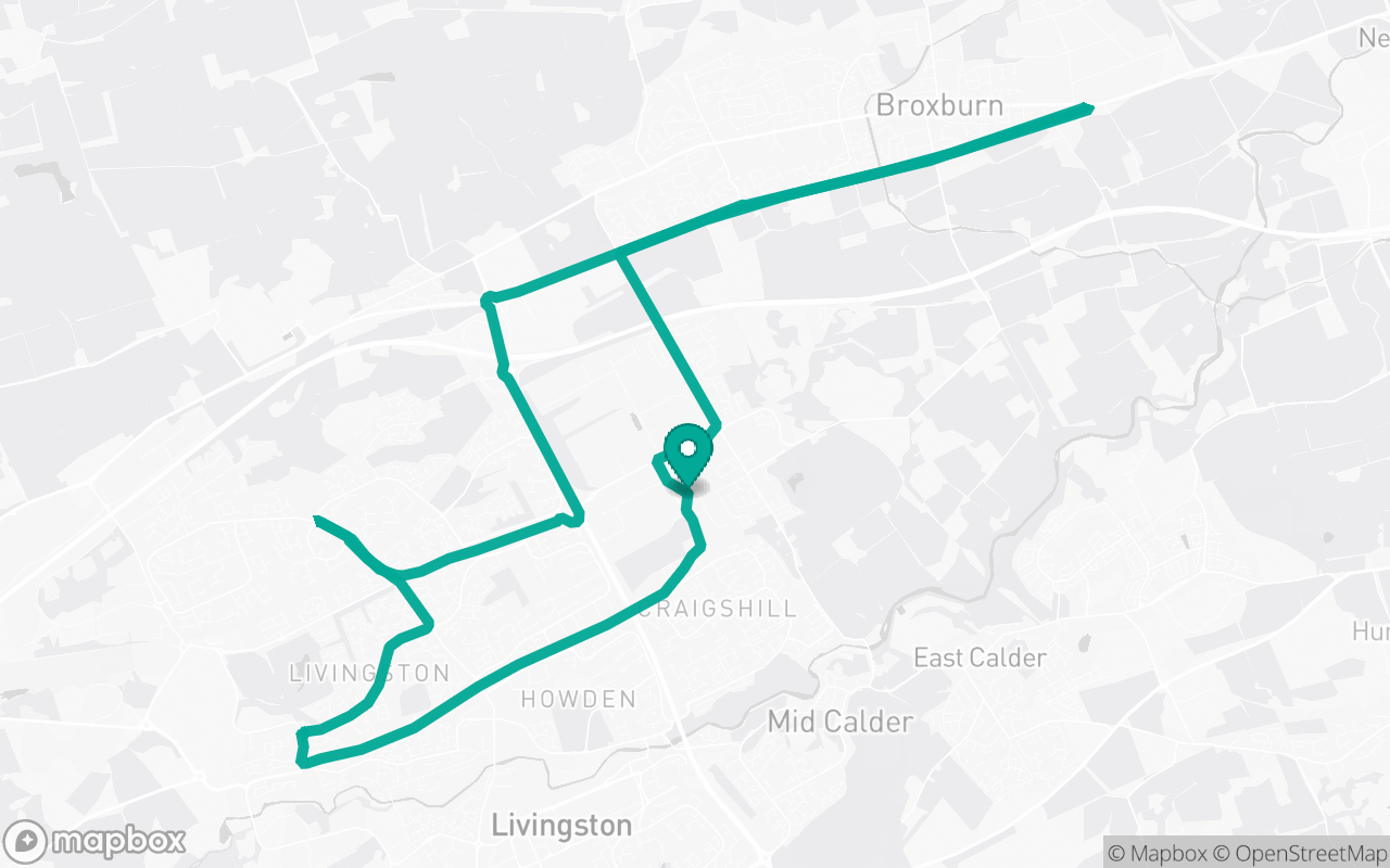 Map of the Livingston · Roundabout practice loop practice route near Livingston test centre, drawn on real streets