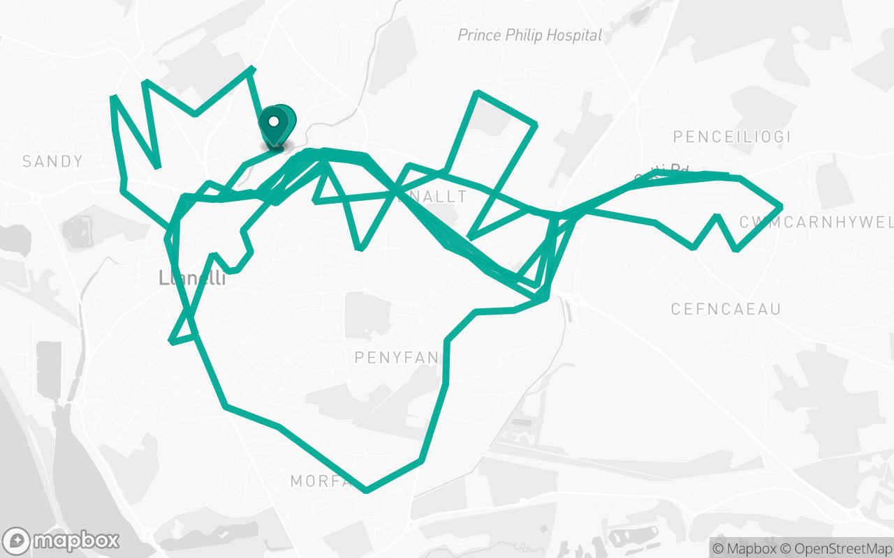 Map of the Llanelli · Route 4 practice route near Llanelli test centre, drawn on real streets