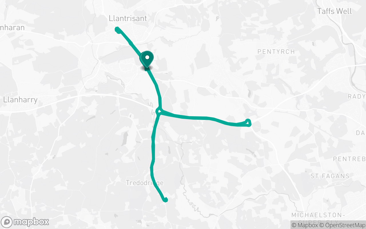 Map of the Llantrisant · Roundabout practice loop practice route near Llantrisant test centre, drawn on real streets
