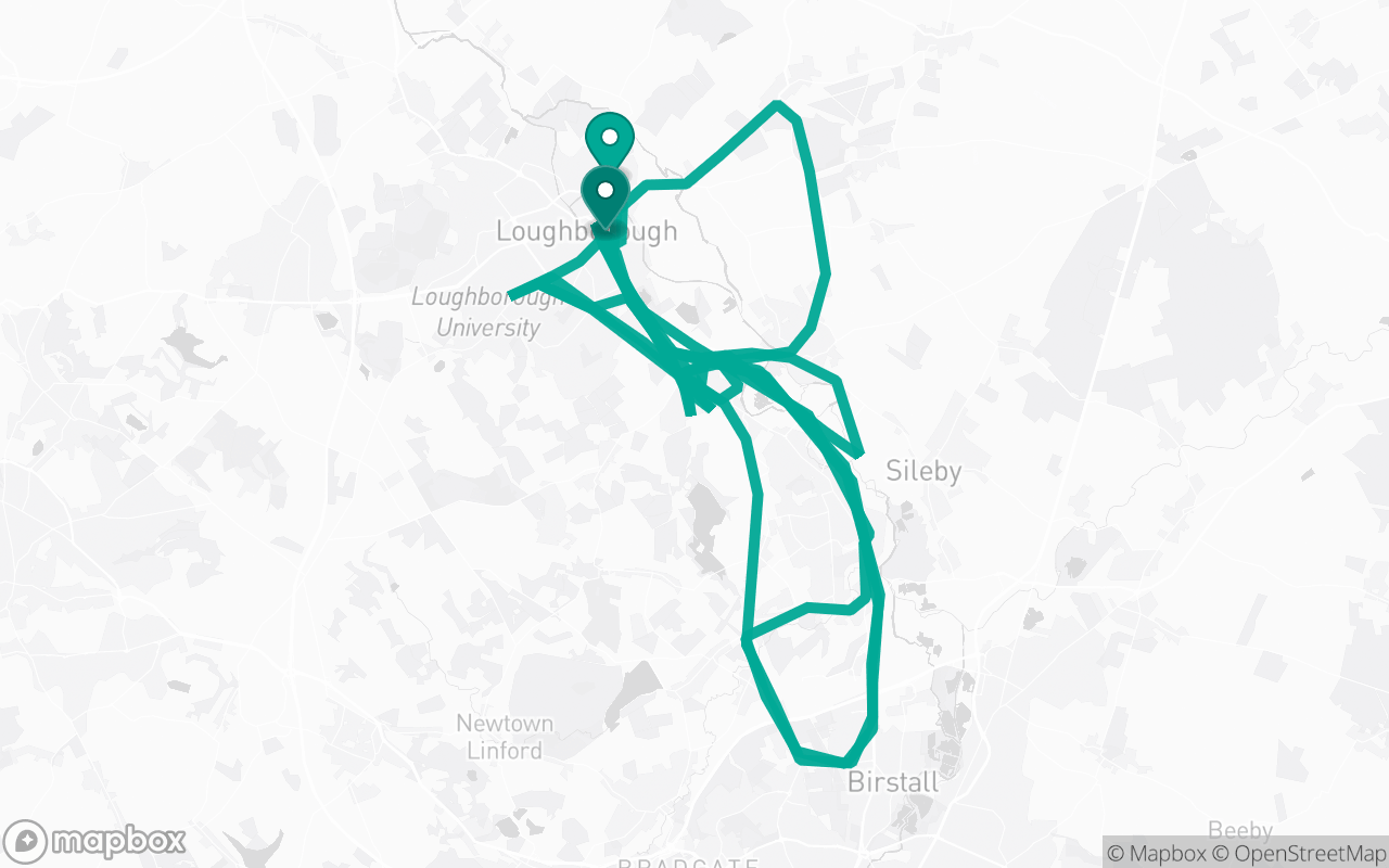 Map of the Loughborough · Route 1 practice route near Loughborough test centre, drawn on real streets