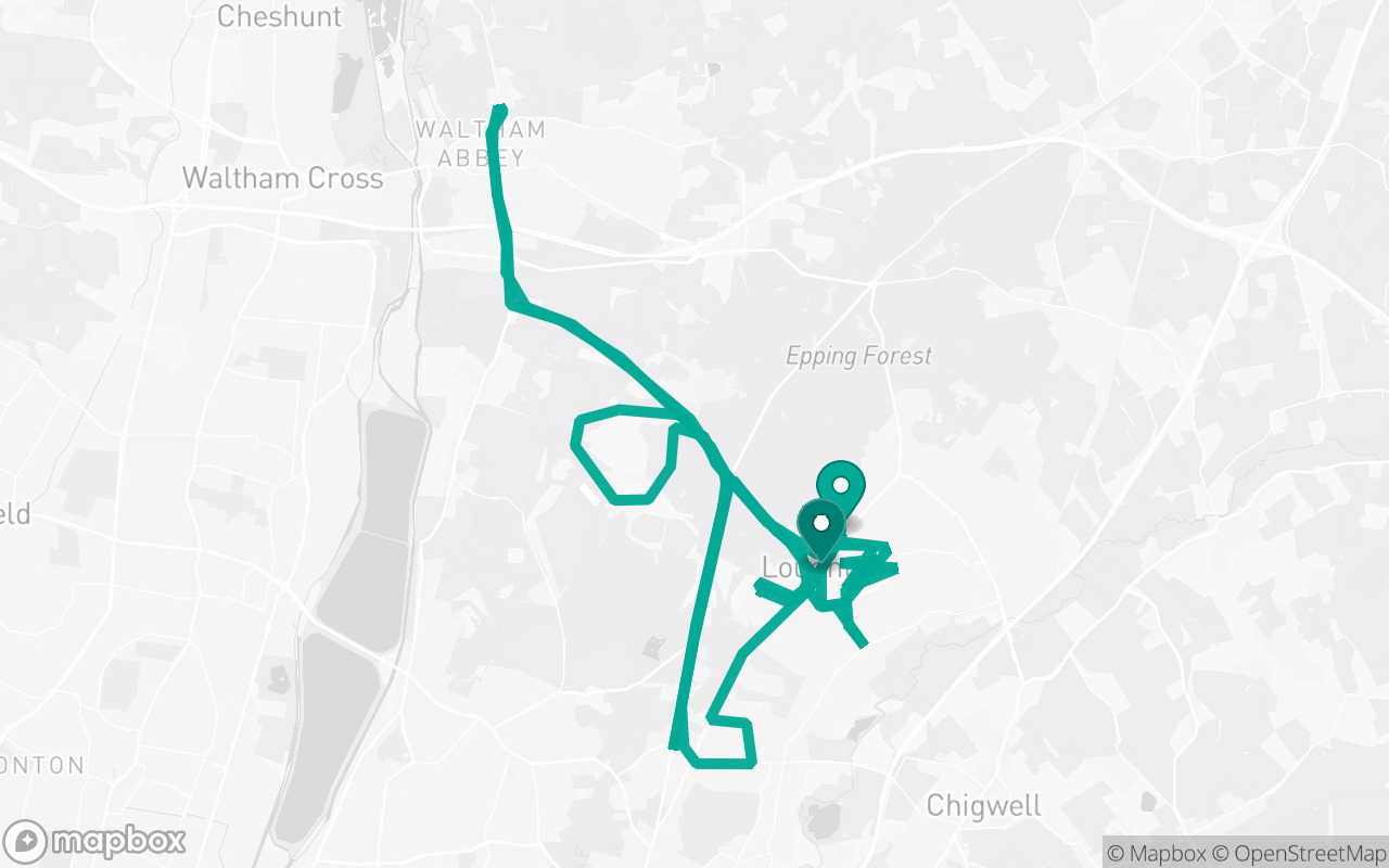 Map of the Loughton · Route 6 practice route near Loughton test centre, drawn on real streets