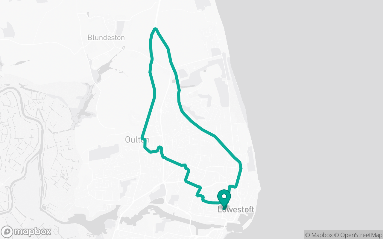 Map of the Lowestoft · Route 42 practice route near Lowestoft test centre, drawn on real streets