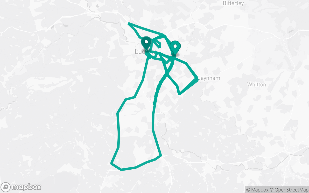 Map of the Ludlow · Route 2 practice route near Ludlow test centre, drawn on real streets