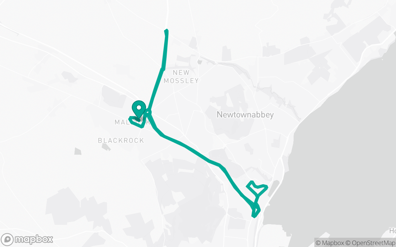 Map of the Mallusk · Roundabout practice loop practice route near Mallusk test centre, drawn on real streets