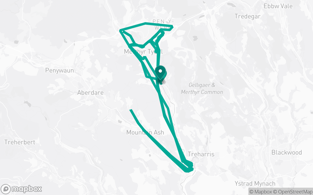 Map of the Merthyr Tydfil · Route 3 practice route near Merthyr Tydfil test centre, drawn on real streets
