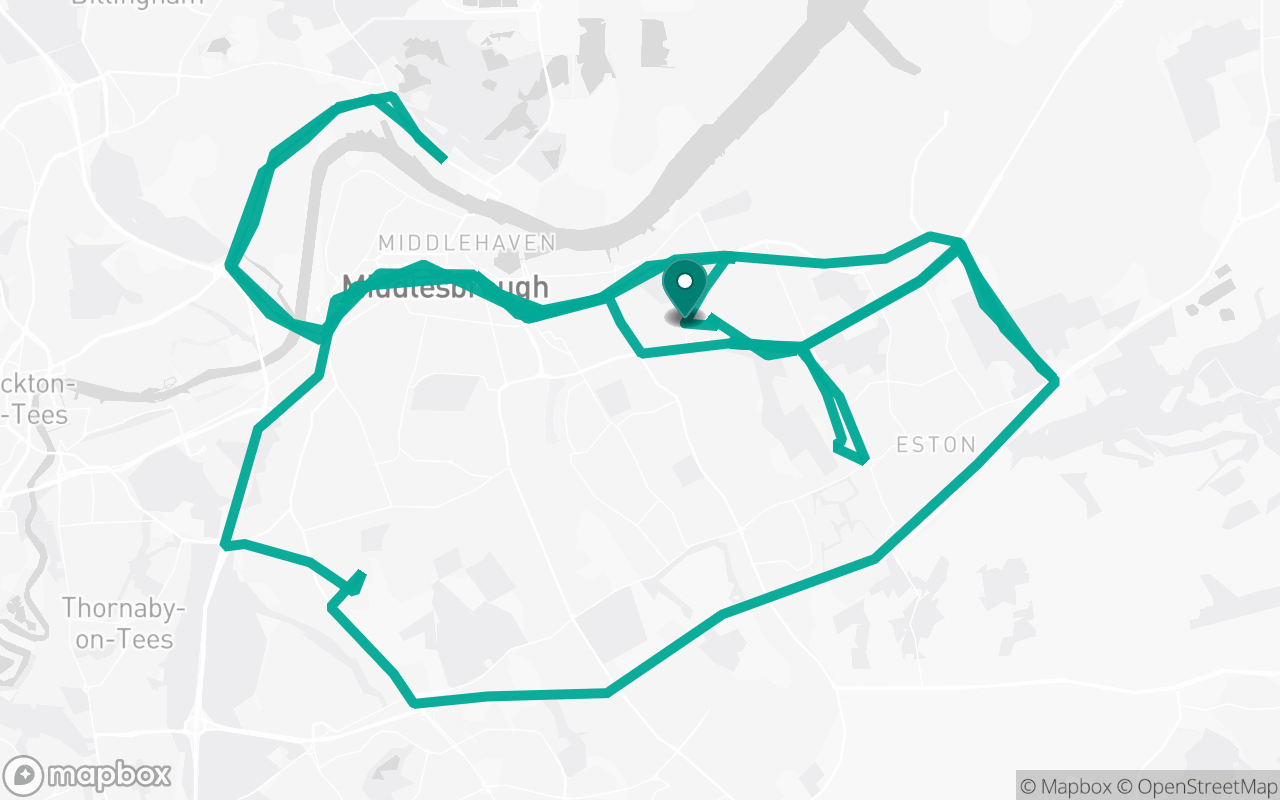 Map of the Middlesbrough · Route 10 practice route near Middlesbrough test centre, drawn on real streets