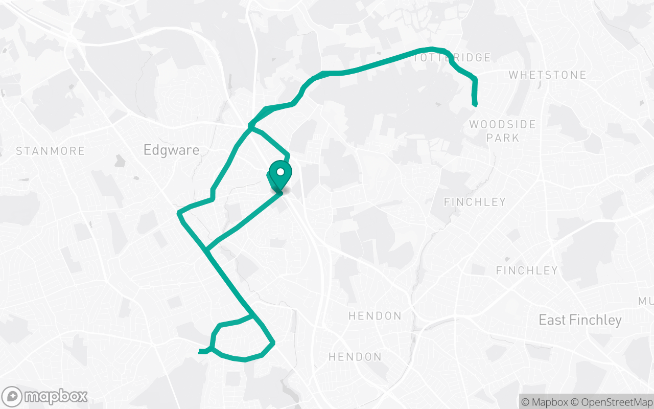 Map of the Mill Hill · School-zone practice loop practice route near Mill Hill test centre, drawn on real streets