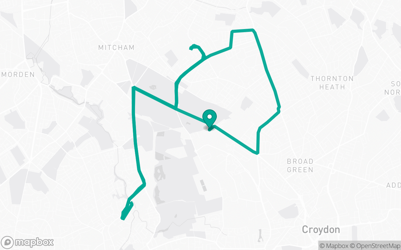 Map preview of the Mitcham · Residential streets practice route
