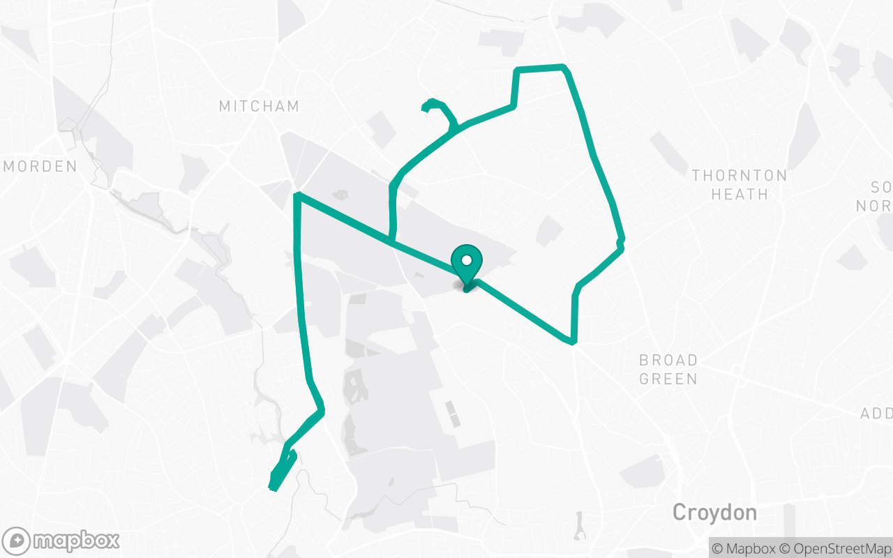 Real Mapbox map of the Mitcham · Residential streets practice route