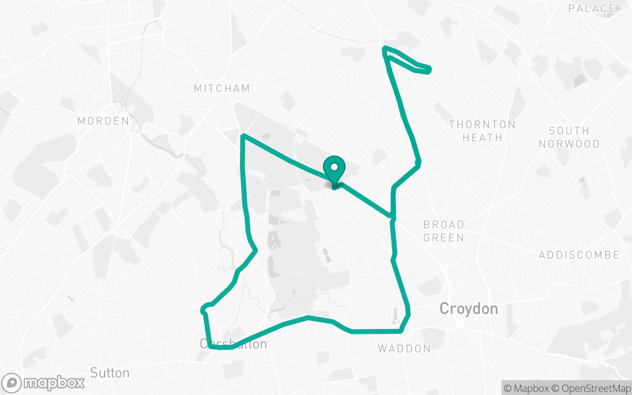 Map of the Mitcham · School-zone practice loop practice route near Mitcham test centre, drawn on real streets