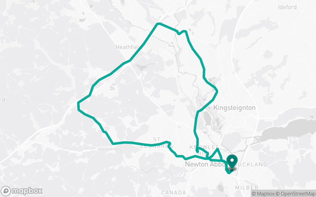 Map of the Newton Abbot · Route 20 practice route near Newton Abbot test centre, drawn on real streets