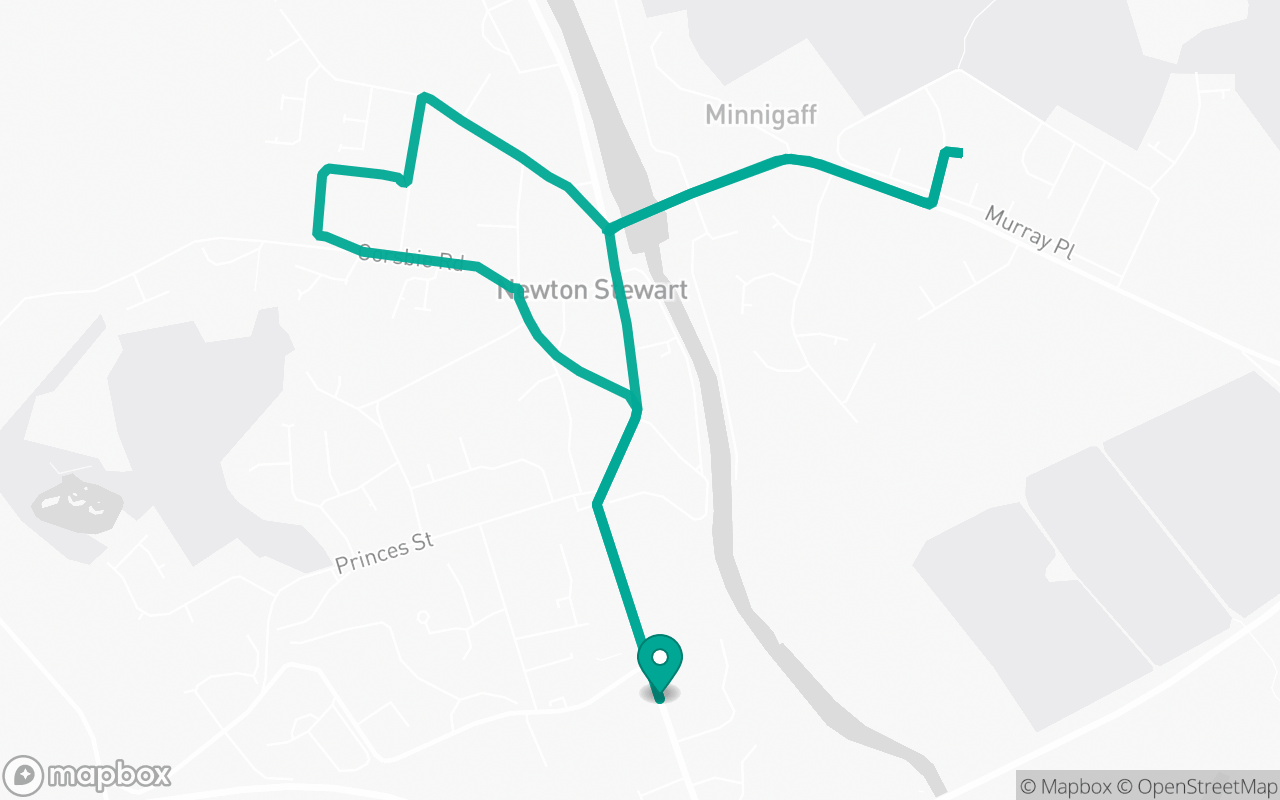 Map of the Newton Stewart · School-zone practice loop practice route near Newton Stewart test centre, drawn on real streets