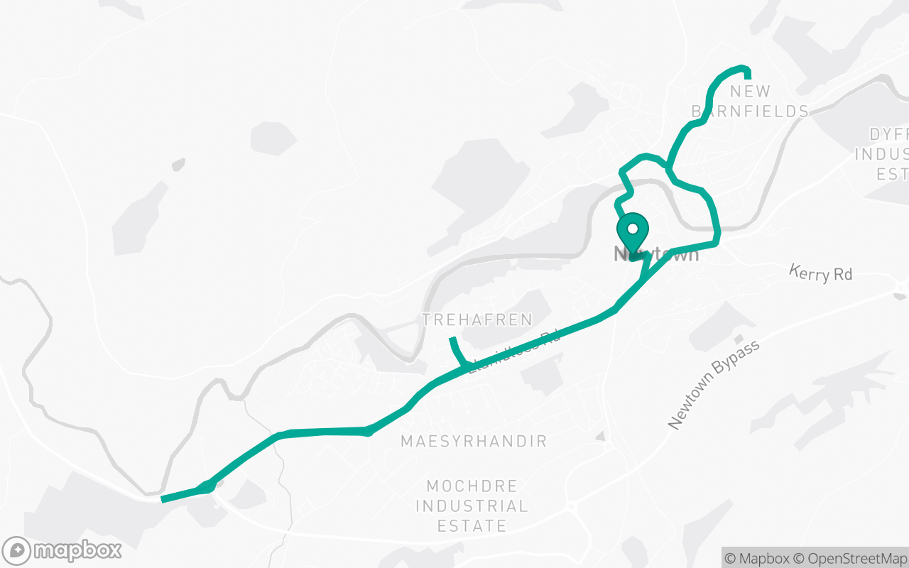 Map of the Newtown · Residential + A-road practice loop practice route near Newtown test centre, drawn on real streets