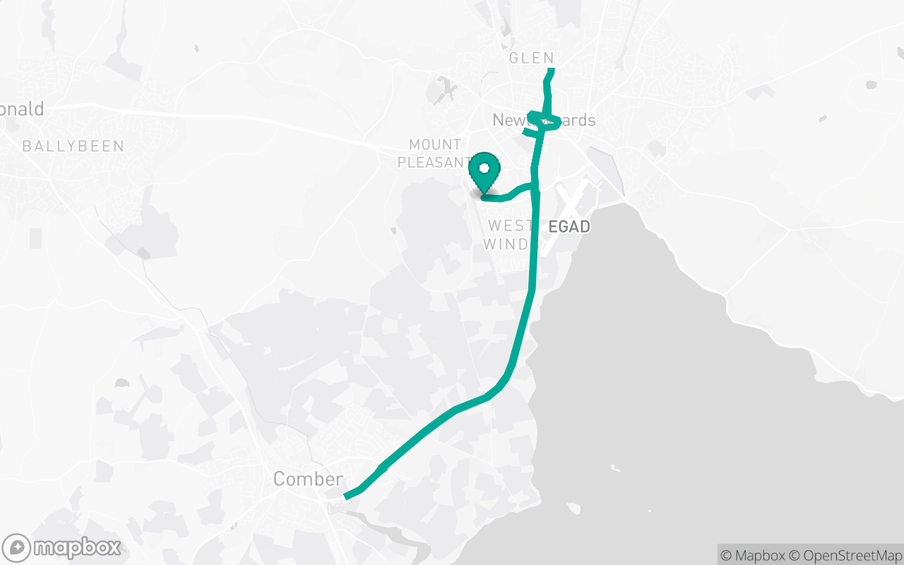 Map of the Newtownards · Residential + A-road practice loop practice route near Newtownards test centre, drawn on real streets