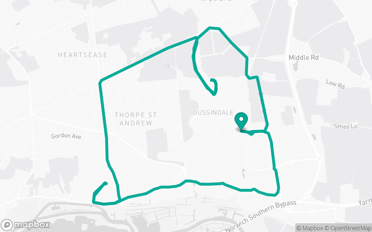 Map of the Norwich · Residential + A-road practice loop practice route near Norwich test centre, drawn on real streets