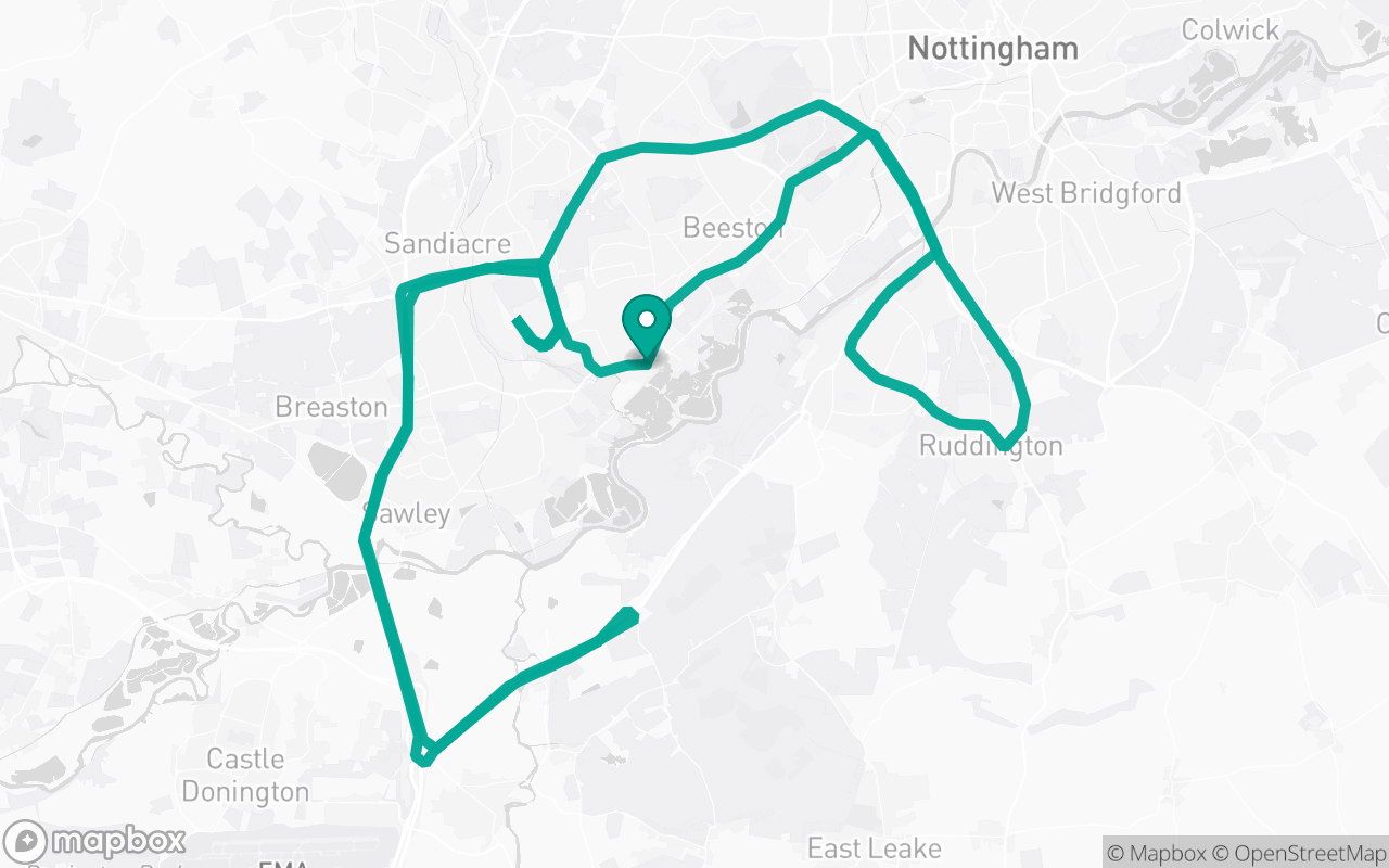 Map of the Nottingham (Chillwell) · Roundabout practice loop practice route near Nottingham (Chillwell) test centre, drawn on real streets