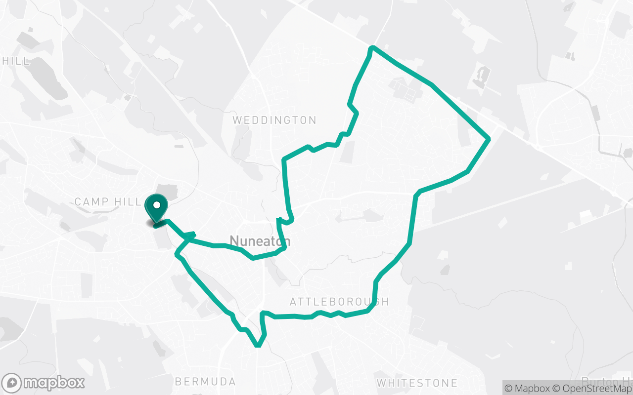 Map of the Nuneaton · Route 1 practice route near Nuneaton test centre, drawn on real streets