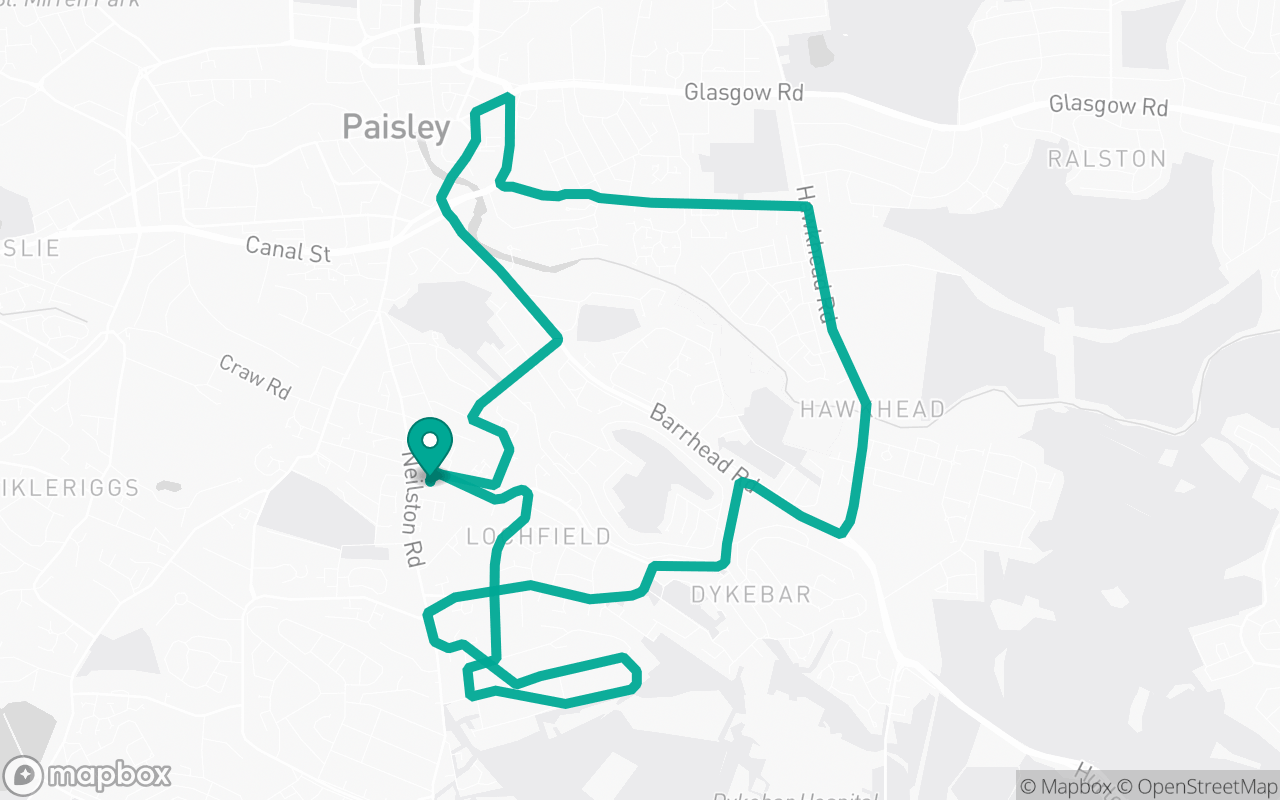 Map of the Paisley · Route 9 practice route near Paisley test centre, drawn on real streets