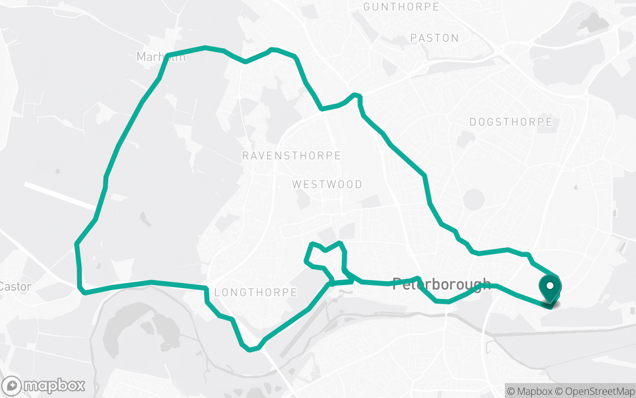 Map of the Peterborough · Route 1 practice route near Peterborough test centre, drawn on real streets