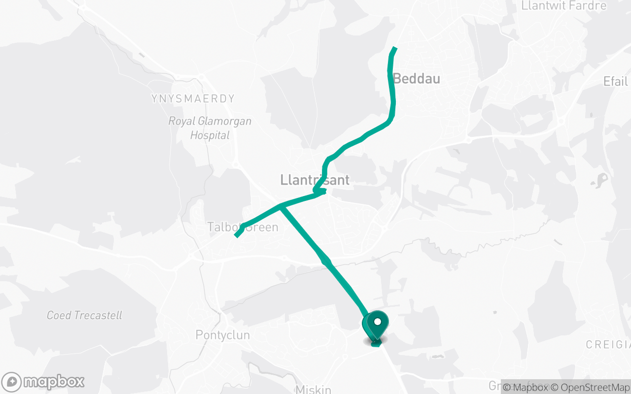 Map of the Pontyclun · School-zone practice loop practice route near Pontyclun test centre, drawn on real streets