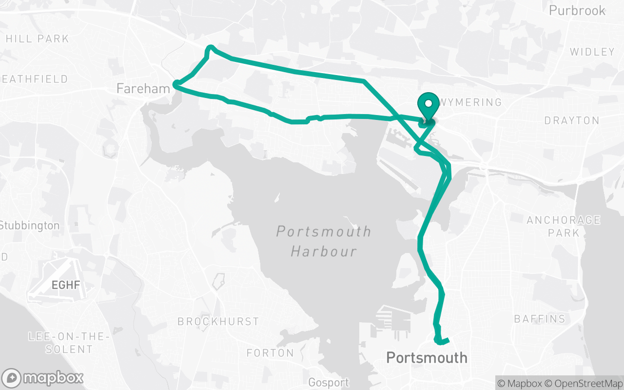 Map of the Portsmouth · Dual-carriageway practice loop practice route near Portsmouth test centre, drawn on real streets
