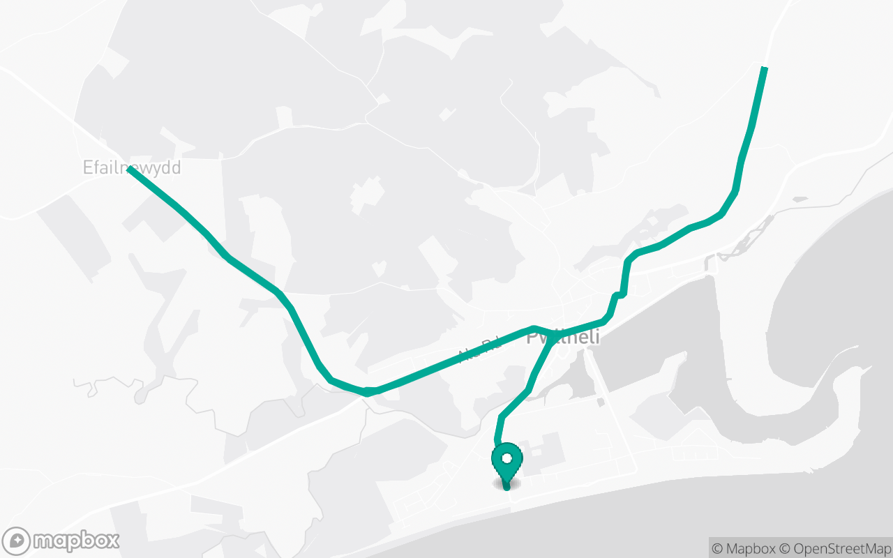 Map of the Pwllheli · Dual-carriageway practice loop practice route near Pwllheli test centre, drawn on real streets