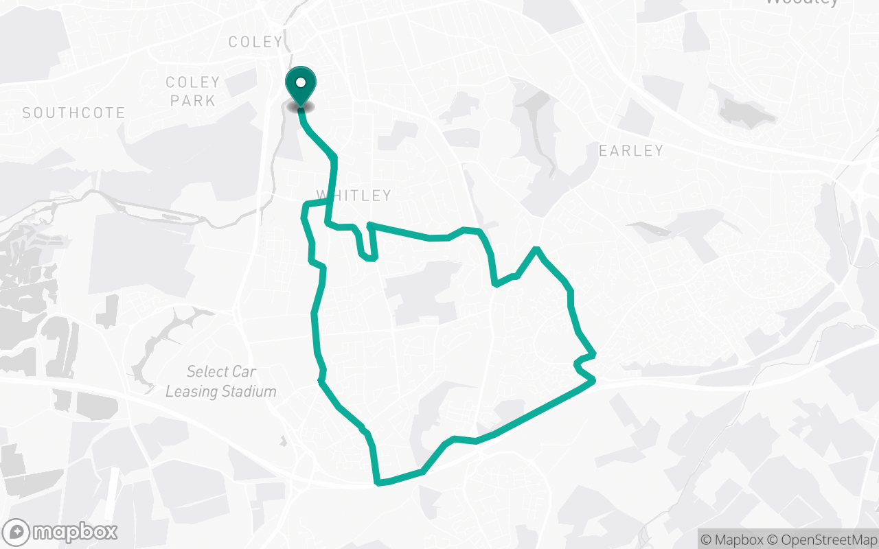 Map of the Reading · Route 3 practice route near Reading test centre, drawn on real streets