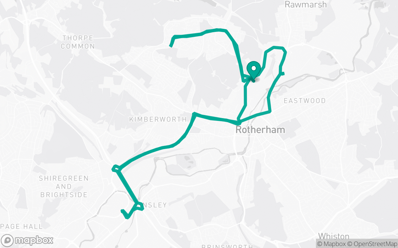 Map of the Rotherham · Roundabout practice loop practice route near Rotherham test centre, drawn on real streets