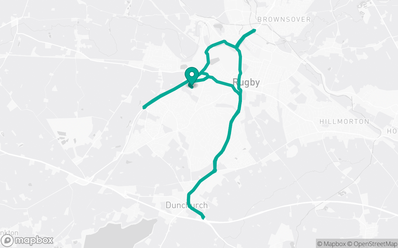 Map of the Rugby · Roundabout practice loop practice route near Rugby test centre, drawn on real streets