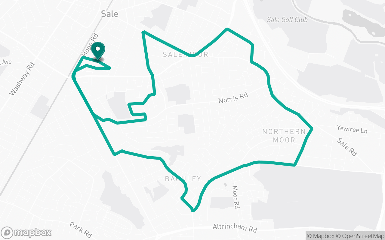 Map of the Sale · Route 10 practice route near Sale test centre, drawn on real streets