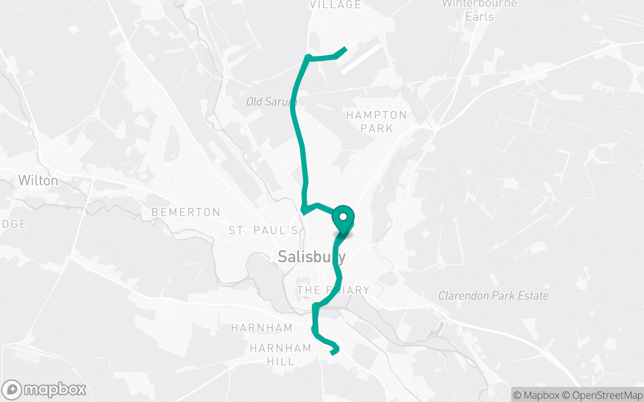 Map of the Salisbury · Residential + A-road practice loop practice route near Salisbury test centre, drawn on real streets