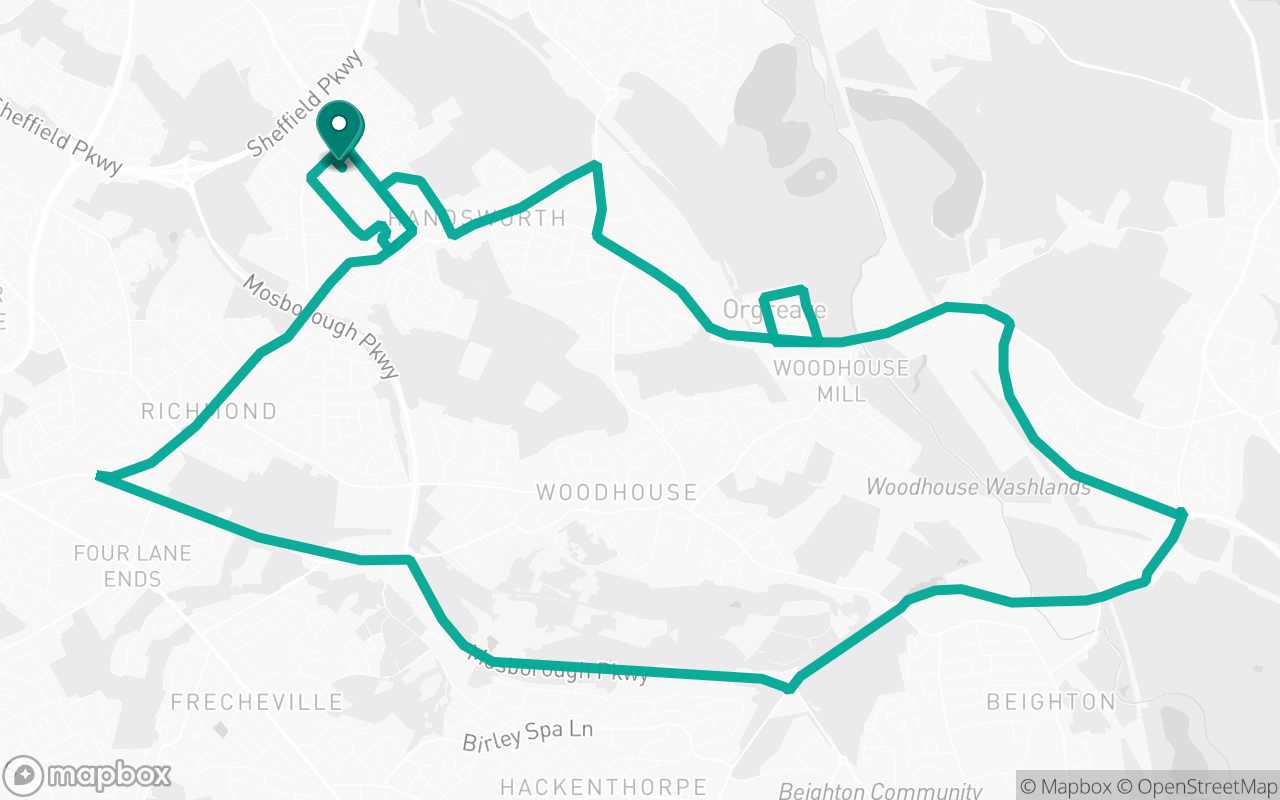Map of the Sheffield (Handsworth) · Route 11 practice route near Sheffield (Handsworth) test centre, drawn on real streets