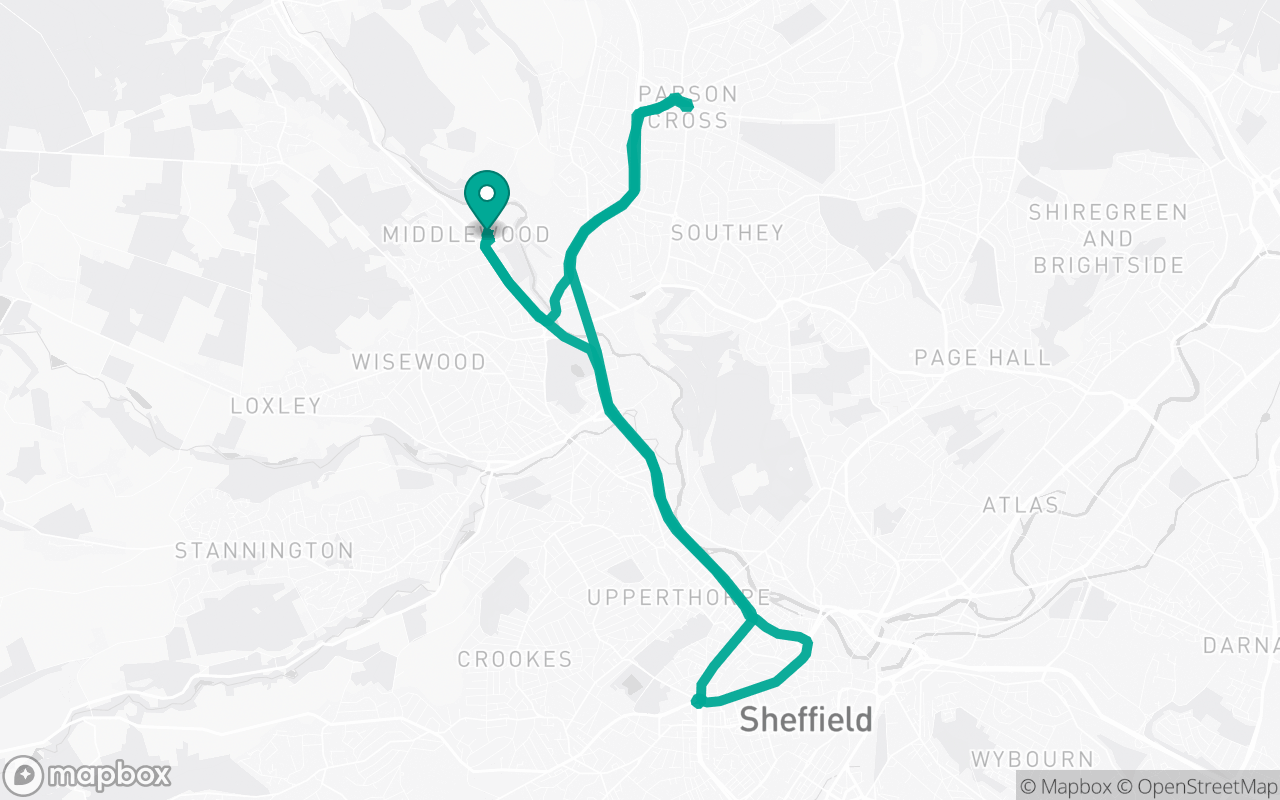 Map of the Sheffield (Middlewood Road) · Roundabout practice loop practice route near Sheffield (Middlewood Road) test centre, drawn on real streets