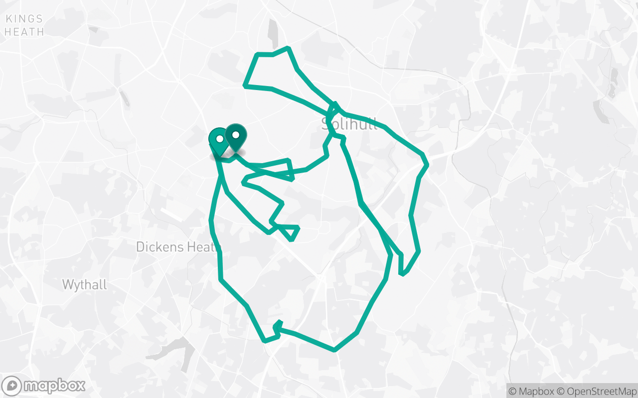 Map of the Shirley · Route 10 practice route near Shirley test centre, drawn on real streets
