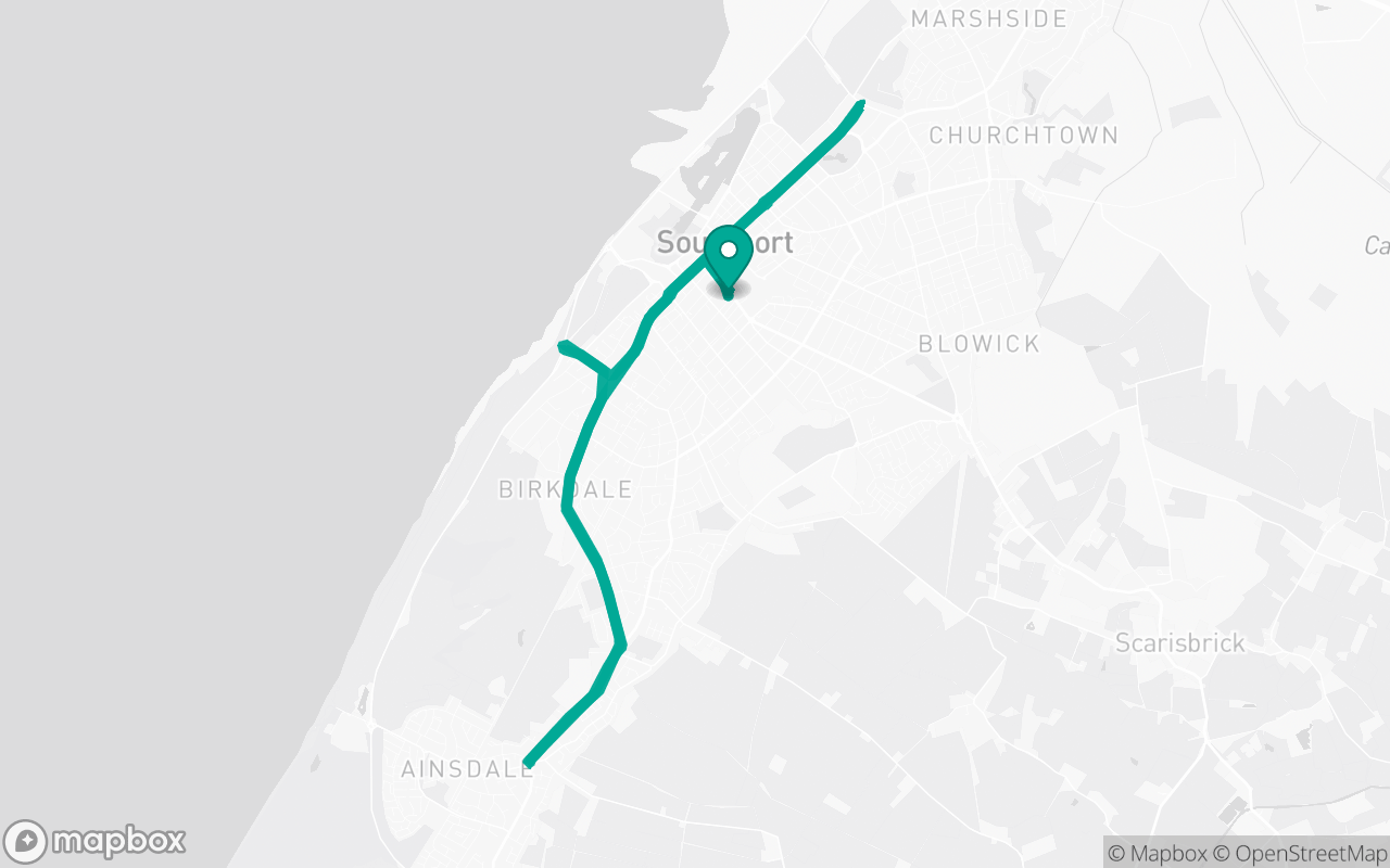 Map of the Southport · Roundabout practice loop practice route near Southport test centre, drawn on real streets