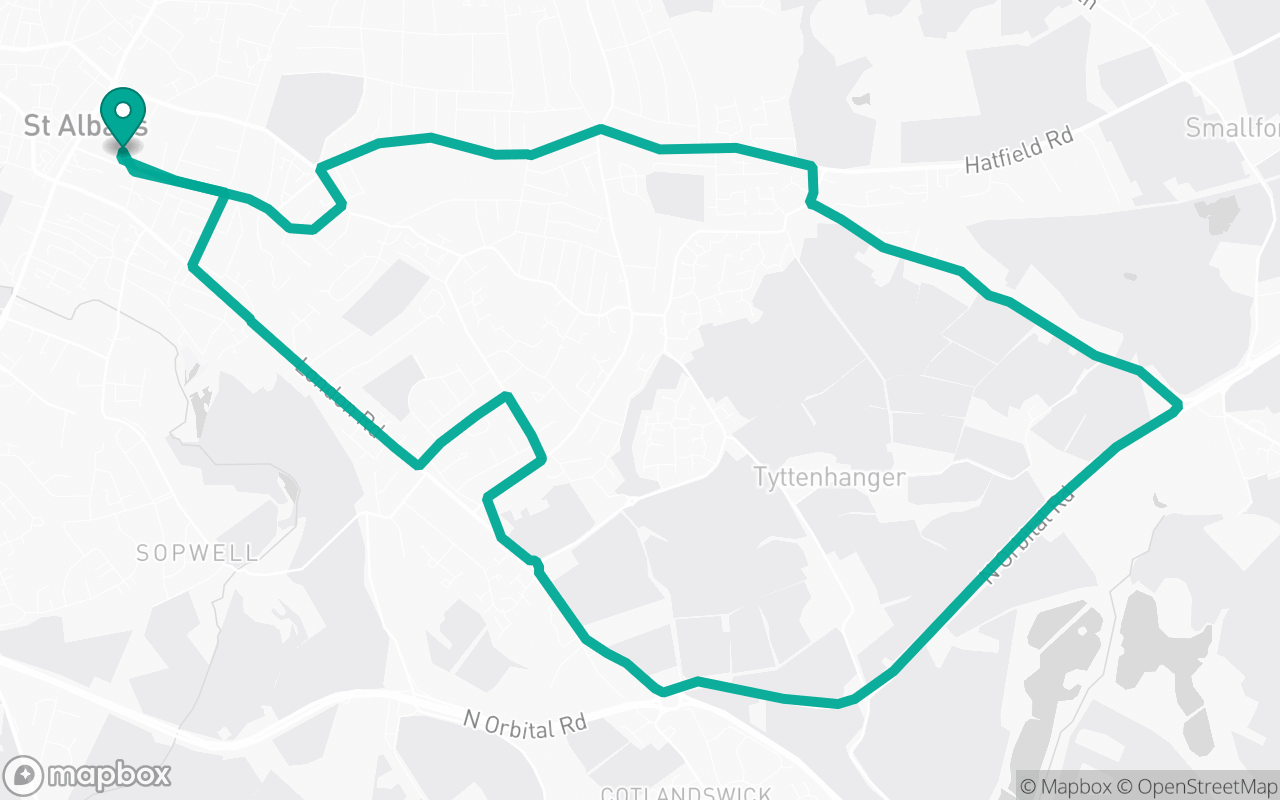 Map of the St Albans · Route 37 practice route near St Albans test centre, drawn on real streets