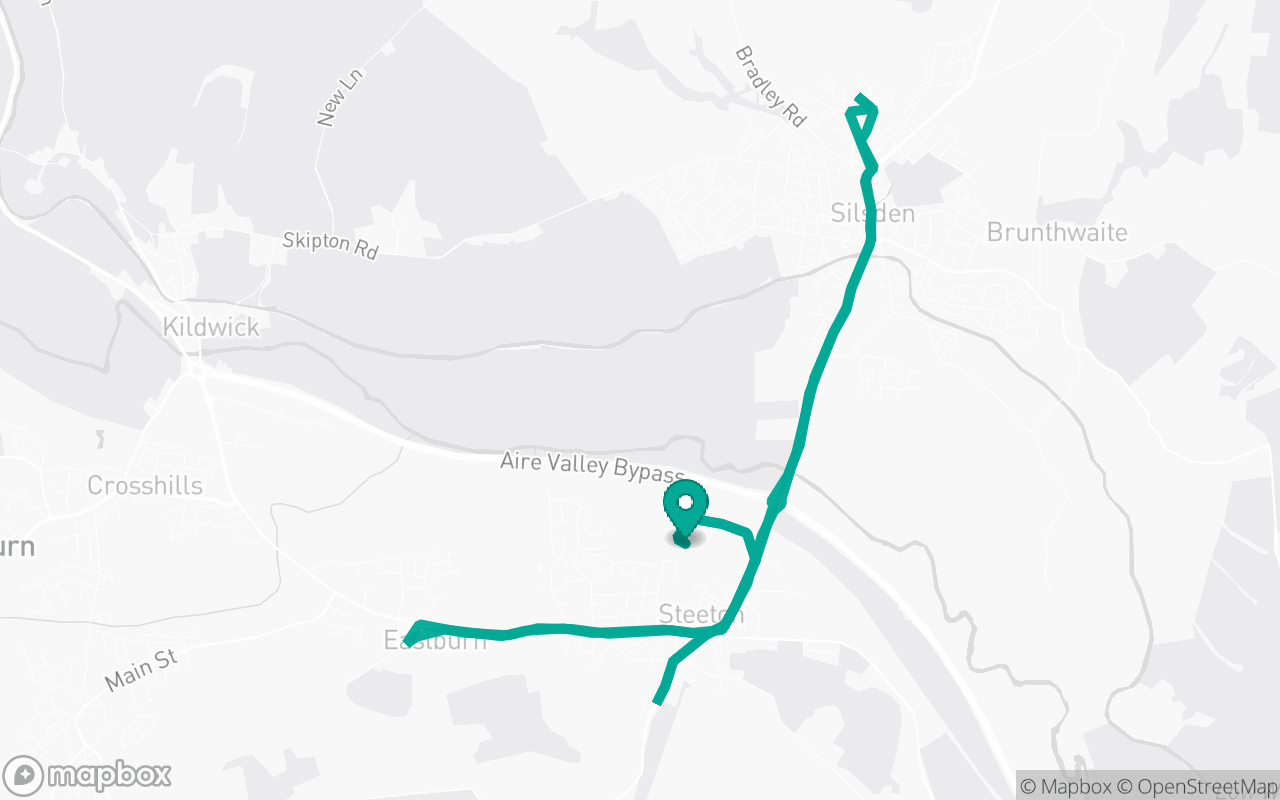 Map of the Steeton · Residential practice loop practice route near Steeton test centre, drawn on real streets