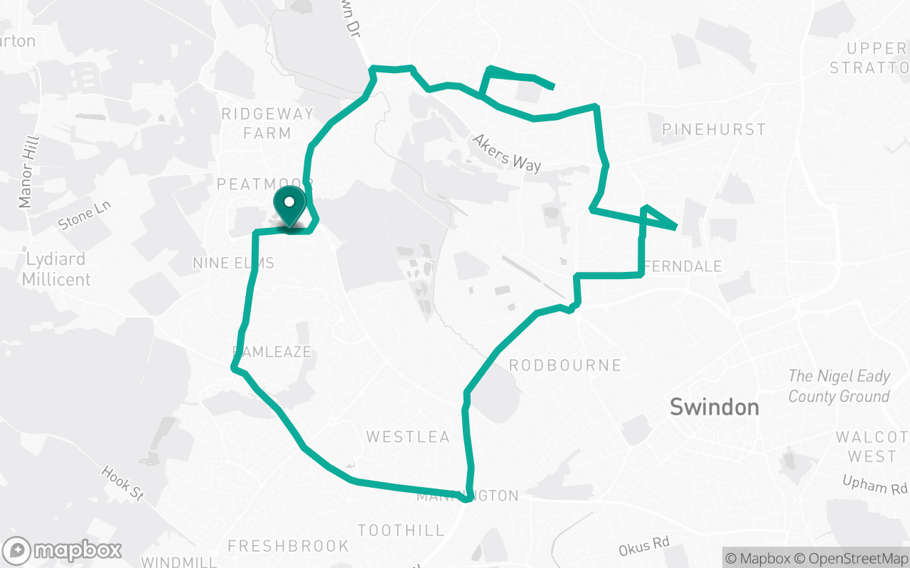 Map of the Swindon · Route 1 practice route near Swindon test centre, drawn on real streets