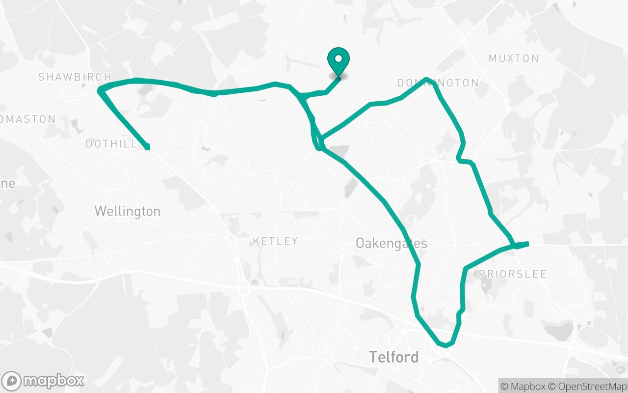 Map of the Telford · Roundabout practice loop practice route near Telford test centre, drawn on real streets